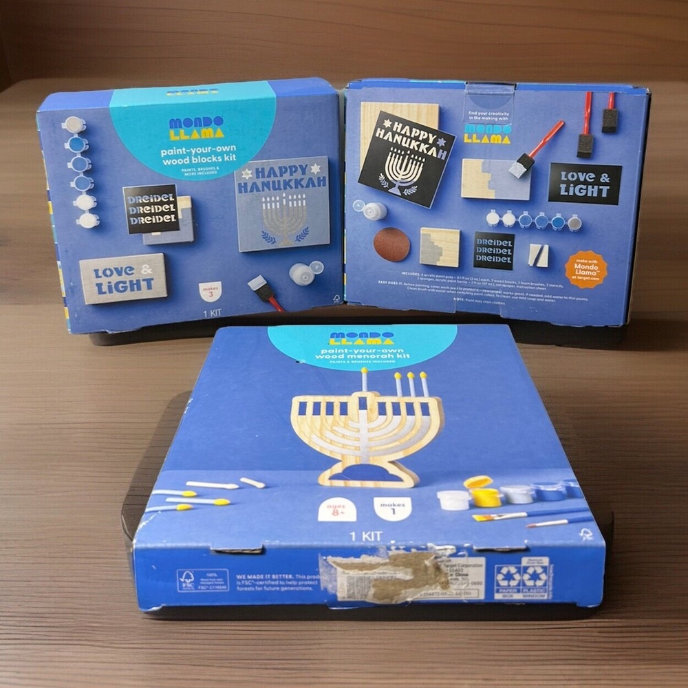 Mondo Llama Hanukkah Paint Your Own Wood Blocks and Menorah Craft 3 Kits
